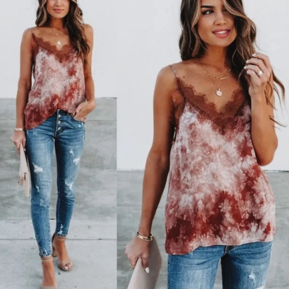 Vici Swing Into Spring Brown Tie Dye Lace Cami Size Medium - Picture 1 of 7